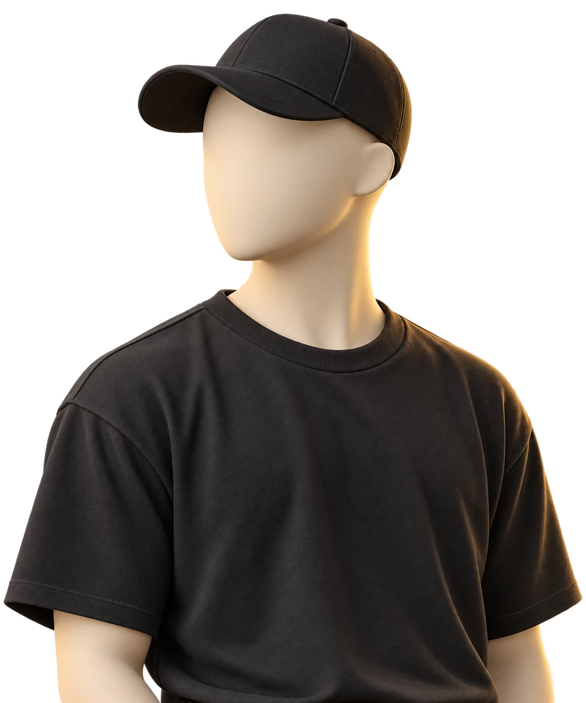AI-generated faceless 3D creative avatar wearing a black cap and T-shirt