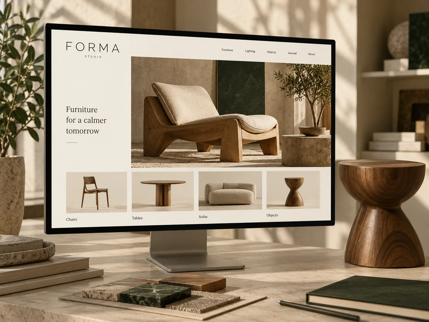 AI-generated furniture website concept displayed on a desktop monitor for fictional Forma Studio