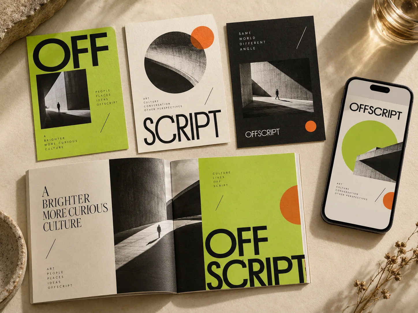 AI-generated Offscript social campaign cards, booklet and phone mockup