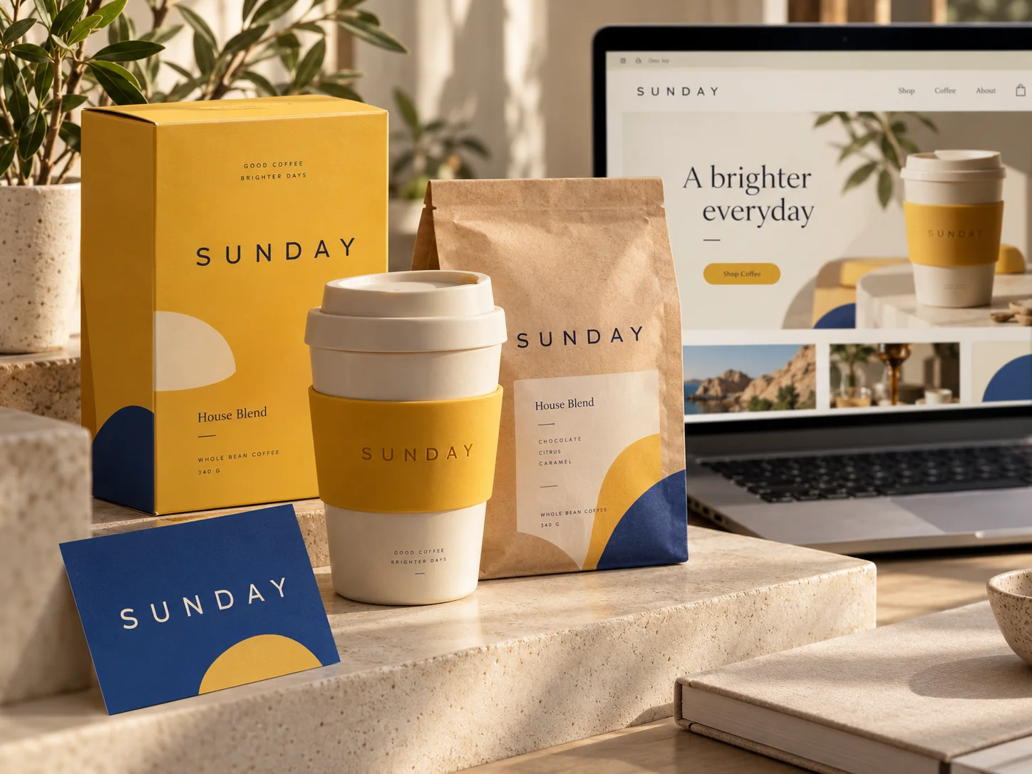 AI-generated Sunday Supply packaging and e-commerce concept in cream, yellow and blue