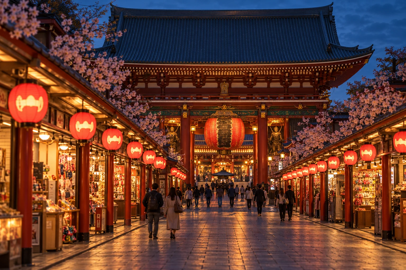 Generated illustration of lantern-lit temple streets inspired by Asakusa, Tokyo