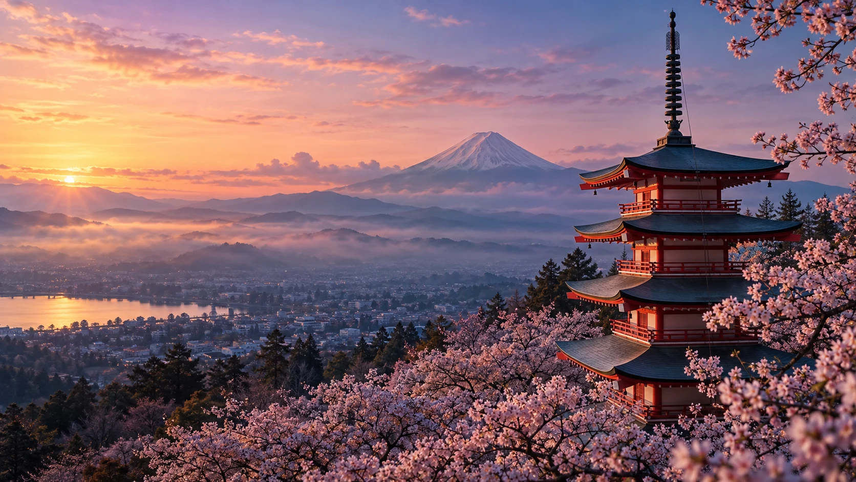 Generated illustration of Mount Fuji and a pagoda at dawn; Japan inspiration beyond the Tokyo itinerary
